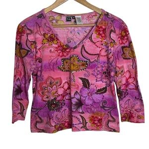 🩷 Bila Y2K Women Size Medium Pink Purple Sequin Floral Crop 3/4 Sleeve V Neck